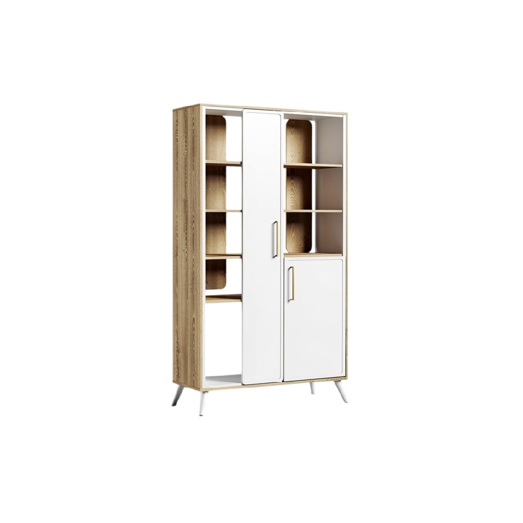 **Meuble de rangement moderne en bois et blanc avec étagères**