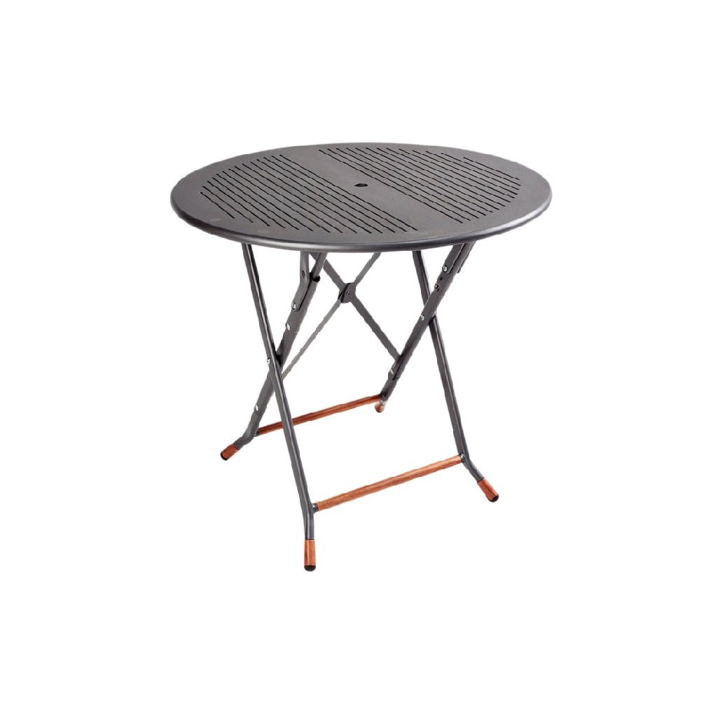 **Table pliante ronde en métal avec perforations - Design compact et moderne**